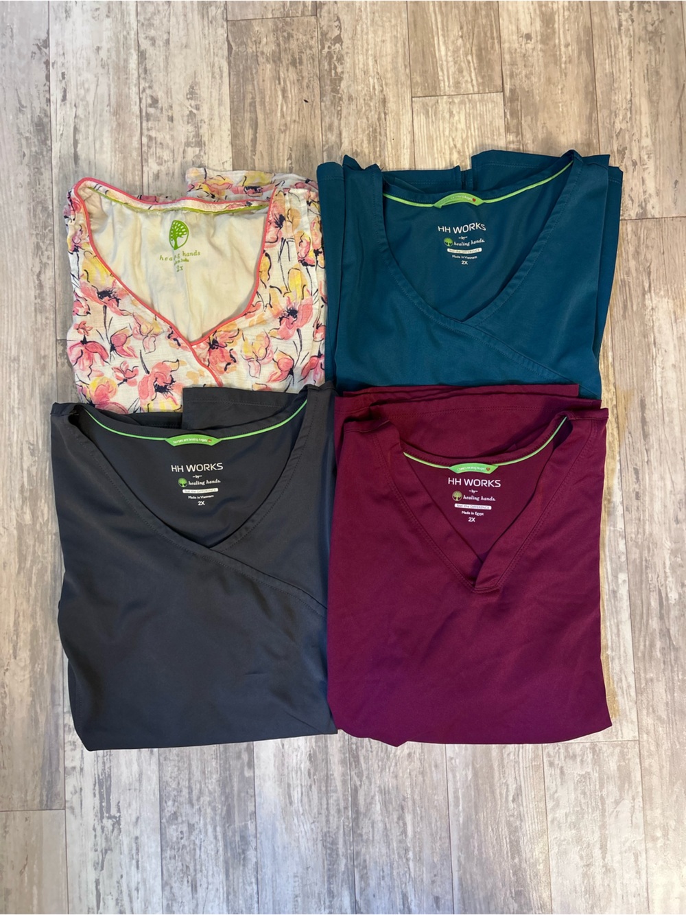 healing hands HH Works Scrub Tops Bundle - Burgundy, Charcoal, Teal, Floral XXL